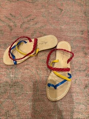 Braided Multicolor Strappy Flat Sandals - Red/Yellow/Blue